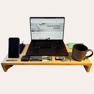 SONGMICS Bamboo Monitor Stand with Phone and Drink Compartments